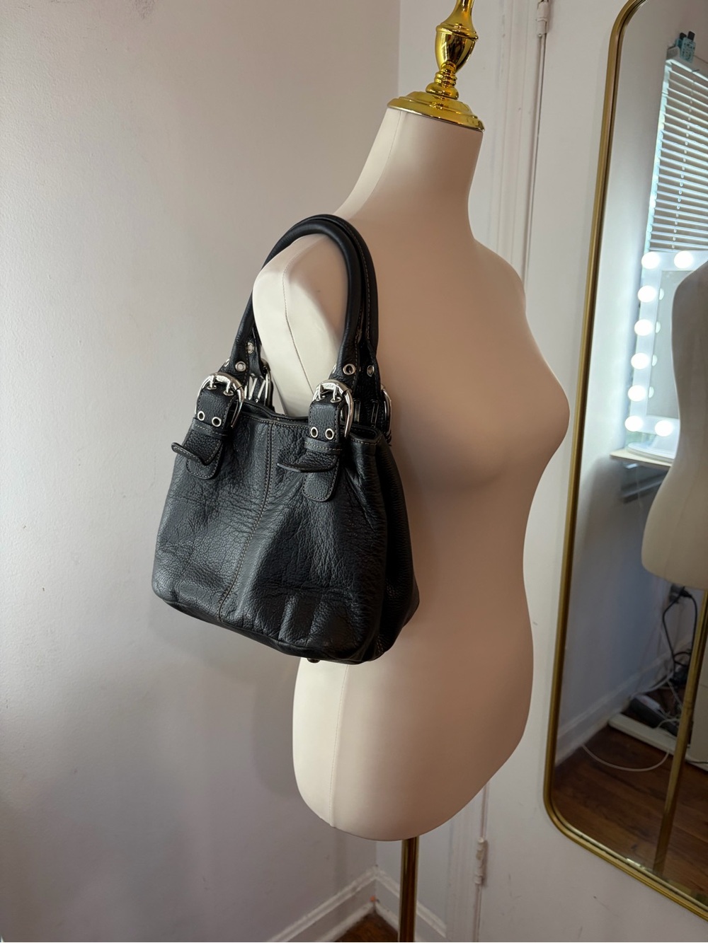 Y2K Tignanello Black Leather Shoulder Bag with Silver Hardware